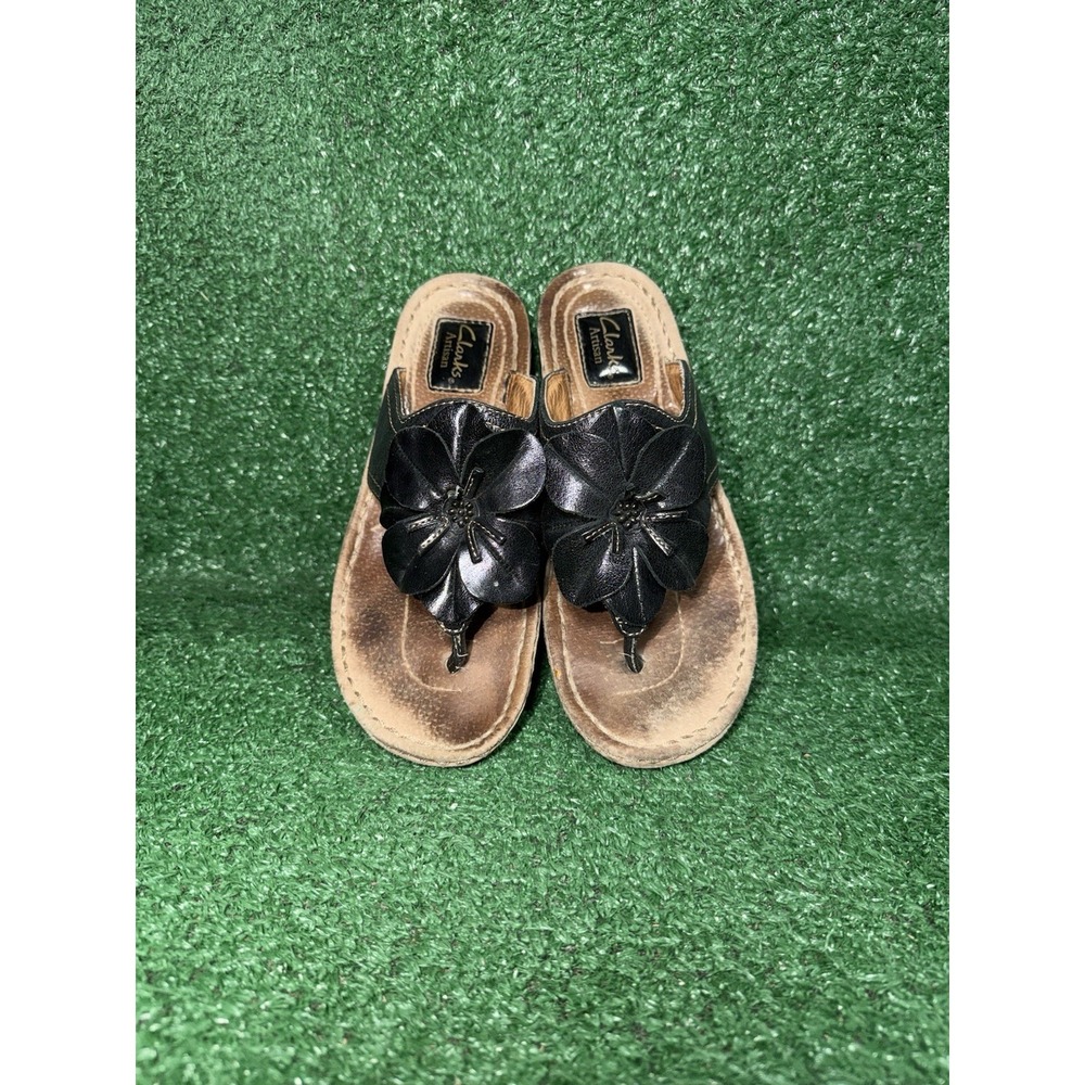Clarks Artisan Black Leather Flower Wedge Thong Sandals Beach Slide Women Size 8 - Picture 6 of 9